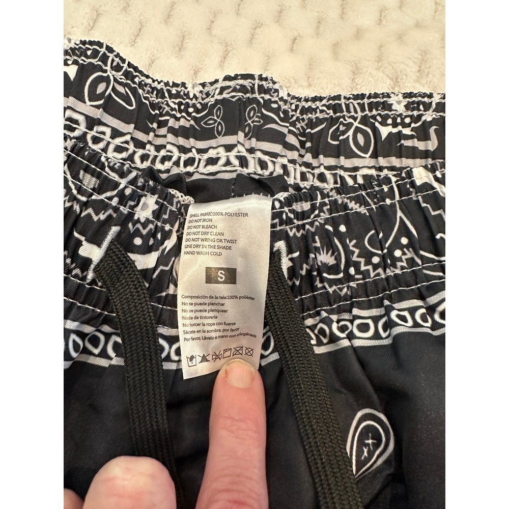 Mens Black Bandana Paisley Swim Trunks Mesh Lined Drawstring Shorts Size S